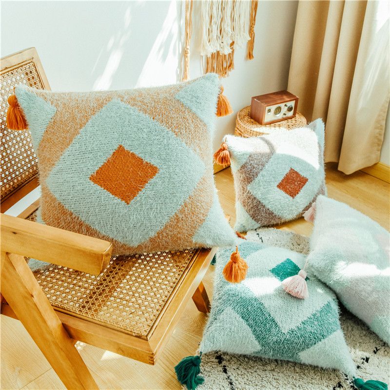 Neuer modischer, gestrickter, garngefärbter Hahnentrittmuster-Plaid-Quasten-Modell-Sofakissen-Kissenbezug im nordischen Stil_voghion.com