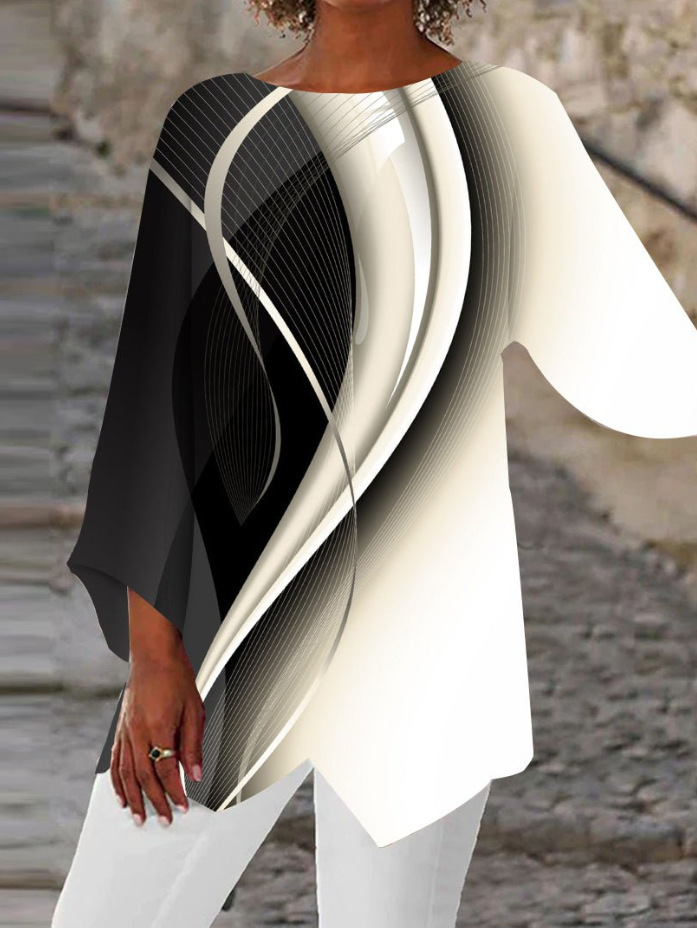 T-shirt da donna con stampa geometrica, maniche larghe a sette punti e orlo irregolare_voghion.com