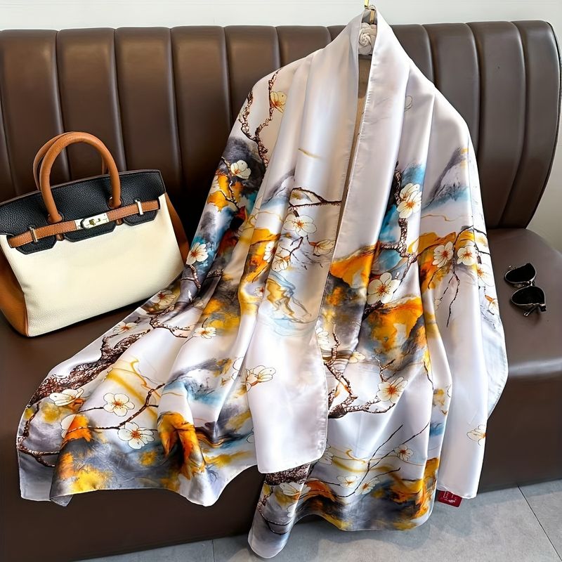 Elegant women's long with white magnolia print – soft silk light vintage style beach scarf, chic transparent_voghion.com