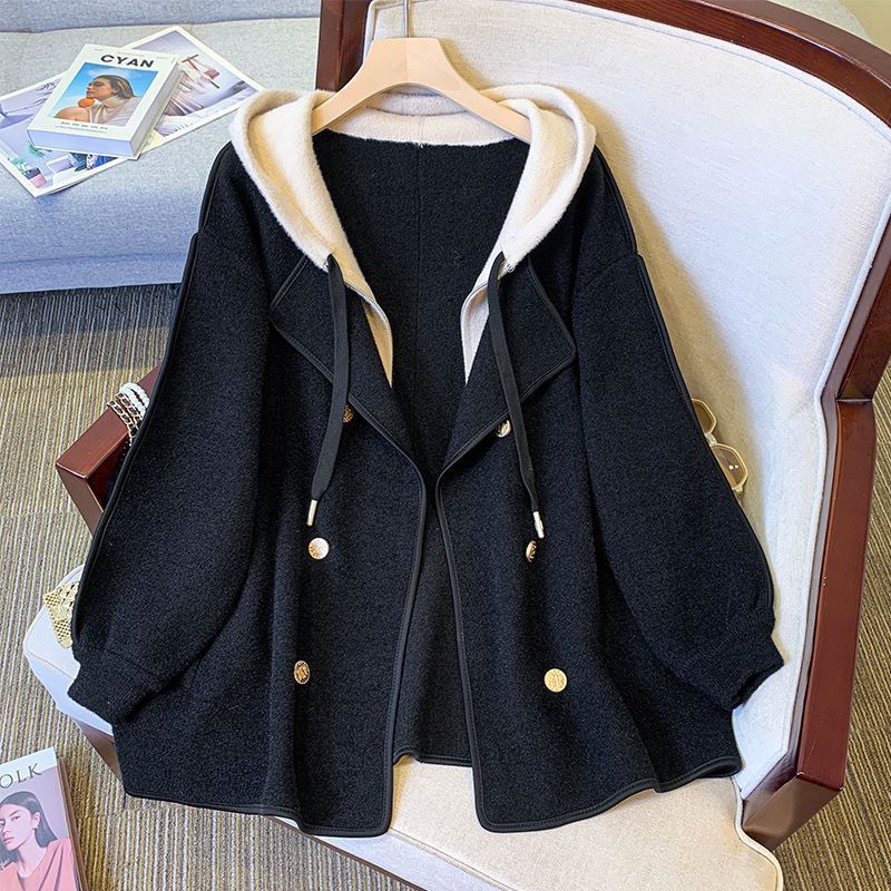 Oversized Hooded Coat For Women - Chic Two-In-One Wool Blend Jacket With Flattering Fit, Casual Elegance For Autumn & Winter (S-3xl, Black/Beige)_voghion.com