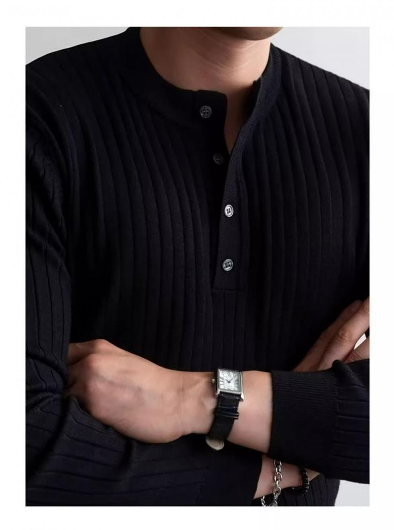 Maglione lavorato a maglia a maniche lunghe con colletto alla coreana in stile primaverile e autunnale, t-shirt slim fit versatile e alla moda, molto venduta per uomo_voghion.com