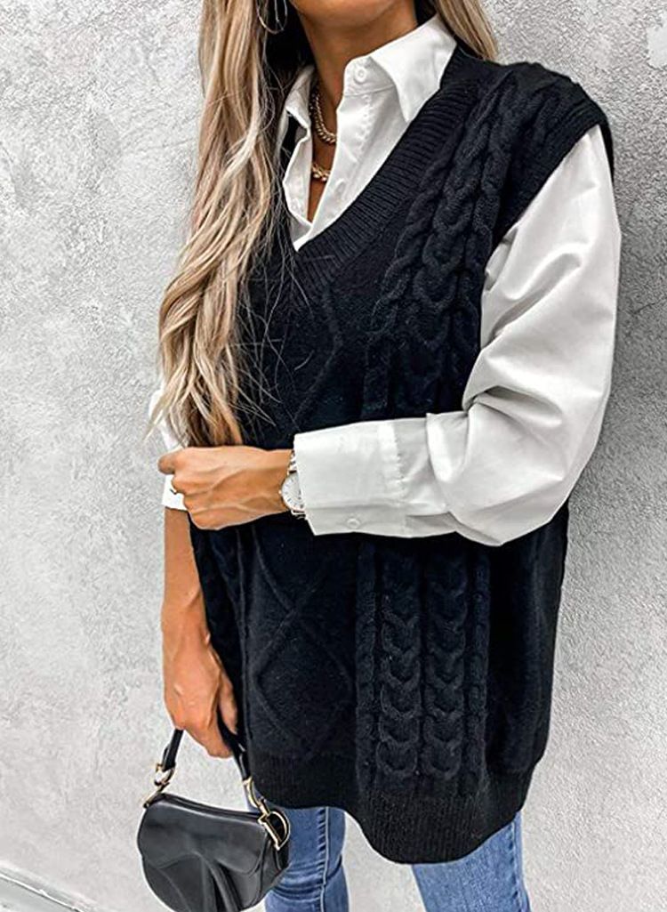 Gilet oversize in maglia a trecce per donna – Maglione senza maniche con scollo a V spesso in morbido acrilico_voghion.com