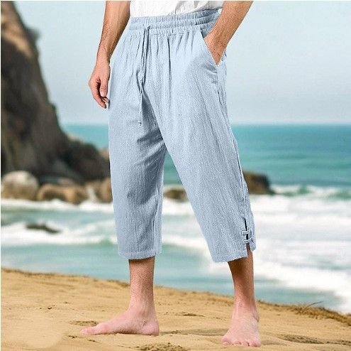 Pantaloni da uomo in cotone e lino, estivi, casual, da spiaggia, con coulisse in vita, elastici, comodi e traspiranti, a gamba dritta_voghion.com