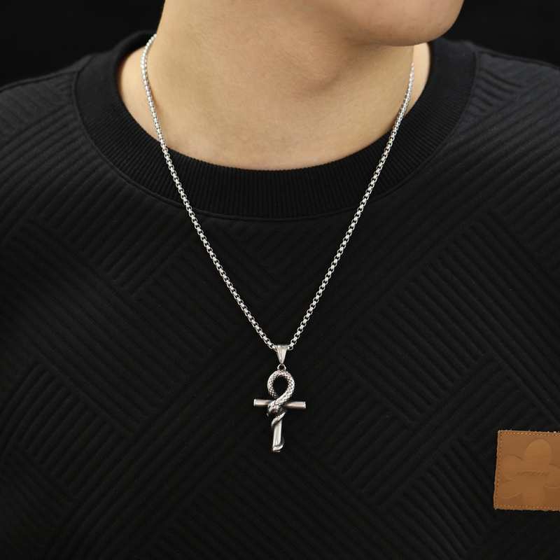Manba Snake Cross Pendant Trendy Men's Personalized Titanium Steel Necklace_voghion.com