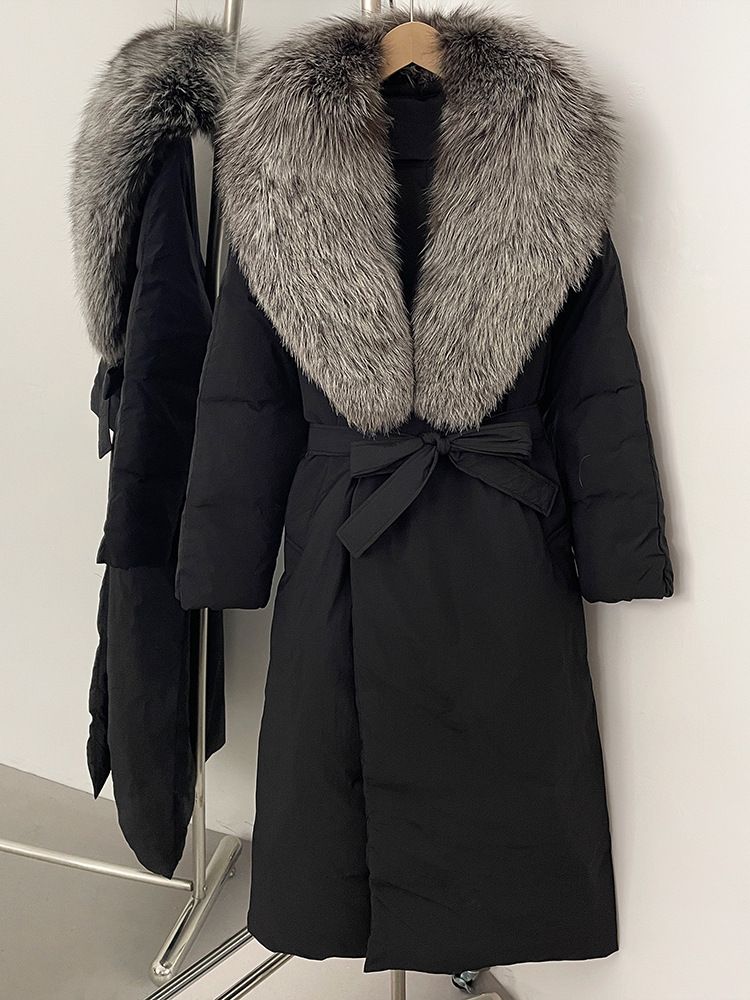 Damenbekleidung Langer Daunenmantel mit Fuchspelzbesatz und Gürtel in der Taille, Winterjacke mit schmaler Passform für Büro und Freizeit (mehrere Farboptionen)_voghion.com