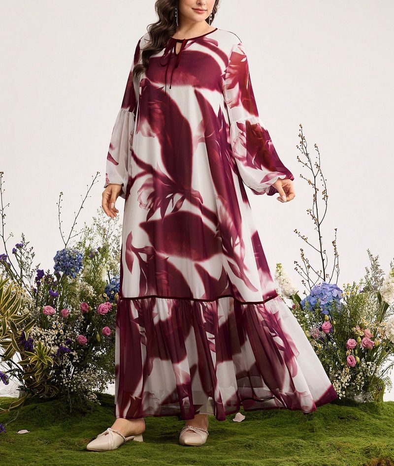 Plus Size Dress With Artistic Tie-Dye Print | V-Neck Long Sleeve Wrap Belt Maxi Dress | Elegant A-Line Flowy Dress For Women (Purple, 0XL-4XL)_voghion.com