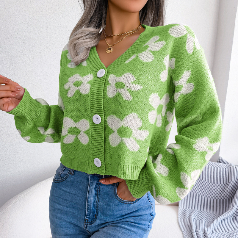 Internet-Promi-Stil Herbst-Winter-Mode Color-Block Floral Laterne Ärmel Strickjacke Pullover Mantel Damenbekleidung_voghion.com