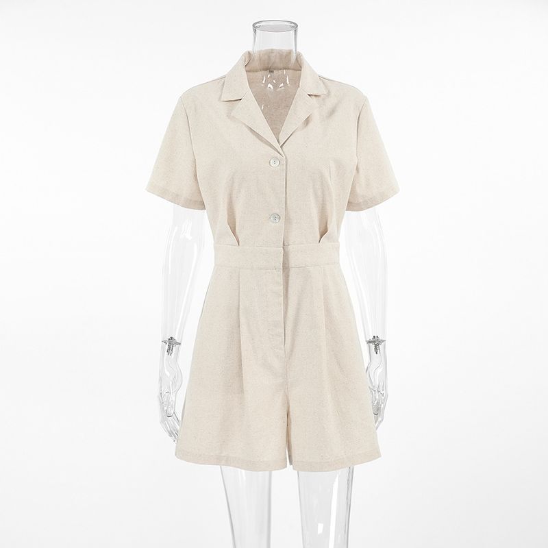 Khaki Linen Waist-cinching Wide-leg Jumpsuit For Women, Commuting Professional Short-sleeve Jumpsuit, Autumn Women's_voghion.com