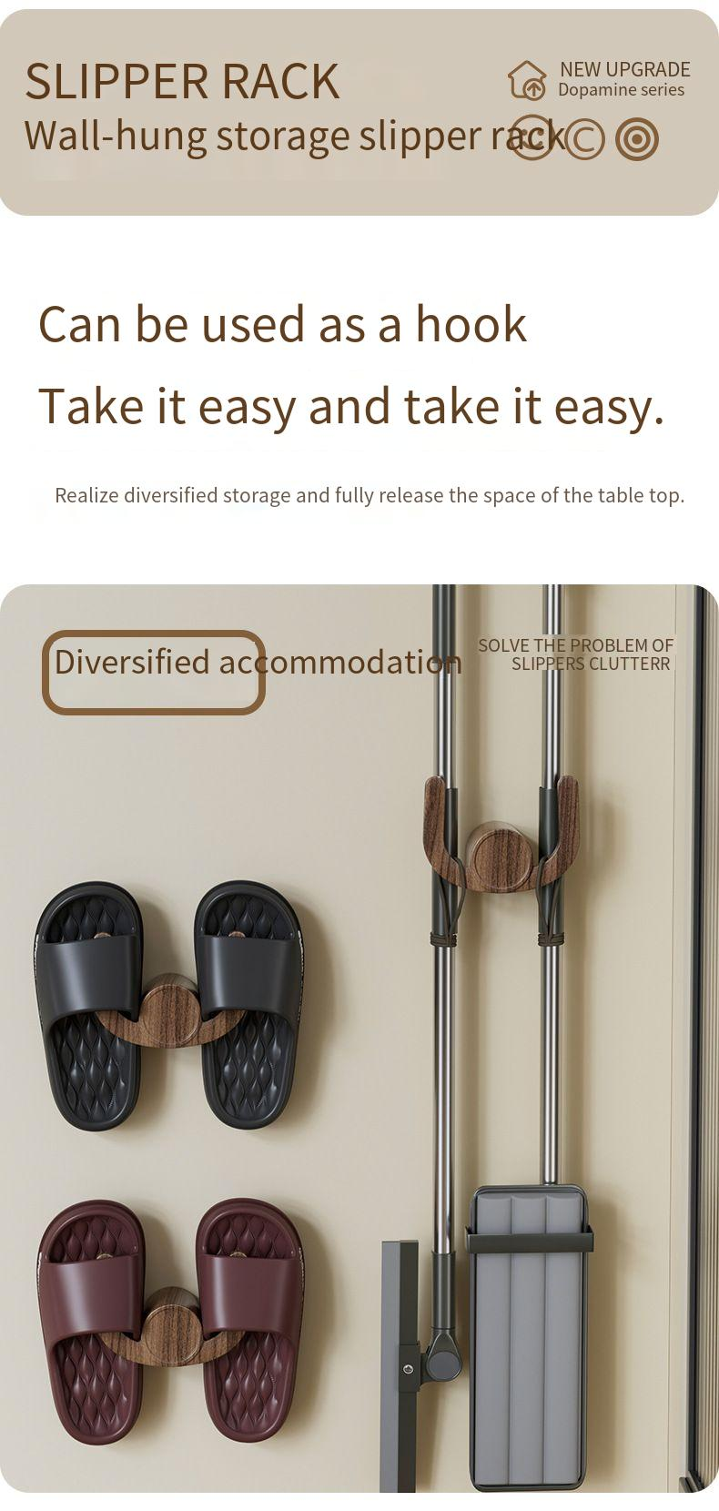 Peach Wood Grain Slipper No-Drill Bathroom Multifunctional Storage Shoe Wall Hanging Rack_voghion.com
