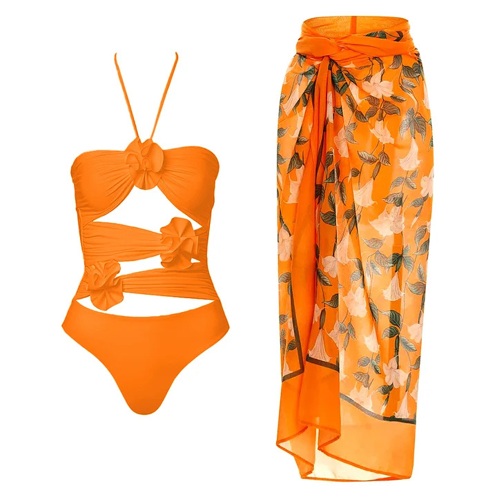 Women's 3D flower halter neck backless swimsuit and wrap skirt suit for women_voghion.com