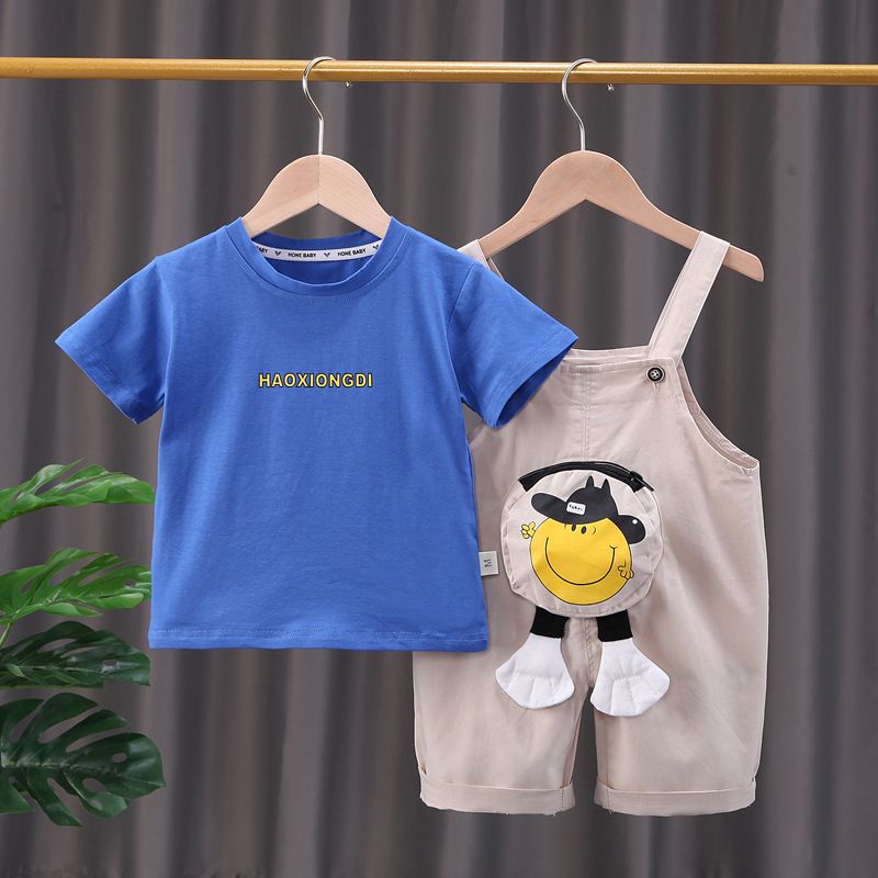 Conjunto de dos piezas de pantalones con banda trasera coreana para bebé de un año de edad, de manga corta y cara sonriente, para verano de 2024_voghion.com