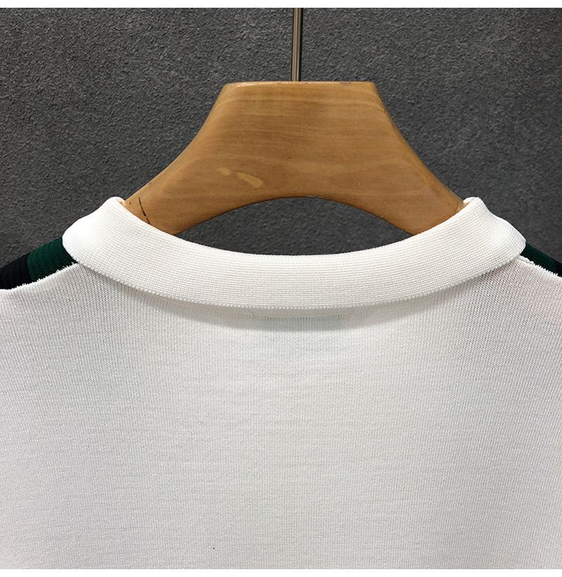 Herrenbekleidung Freizeit Ice Silk Slim Herren Vertikal Gestreiftes Revers Gestricktes Kurzarm T-Shirt Business_voghion.com