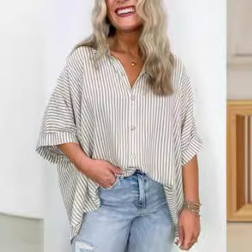 Verve 2025 Women's Spring/Summer New Striped Single-Breasted Mid-Sleeve Shirt_voghion.com