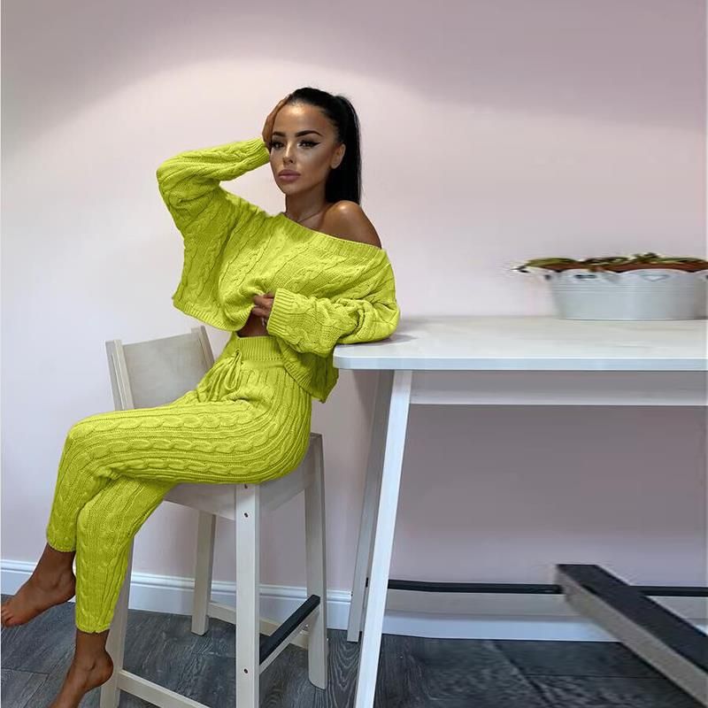 Women's fashion set crew-neck wool-knitted trousers long-sleeved set sweater_voghion.com