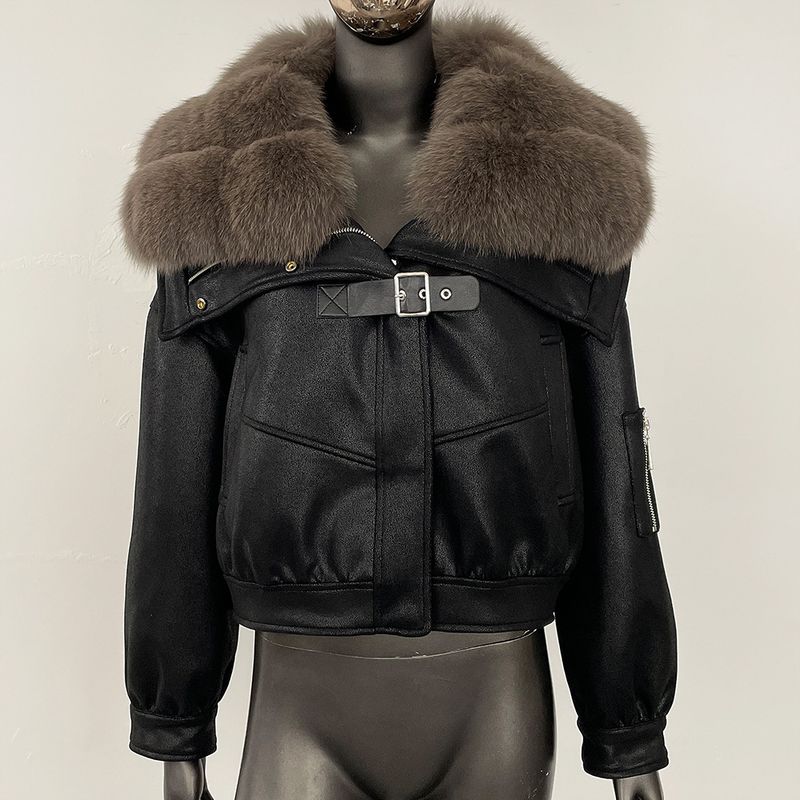 Wildlederjacke mit Kunstpelzbesatz – Wintertaugliches Lammfellfutter mit abnehmbarem Fuchskragen (Einheitsgröße, hochwertiges veganes Leder)_voghion.com