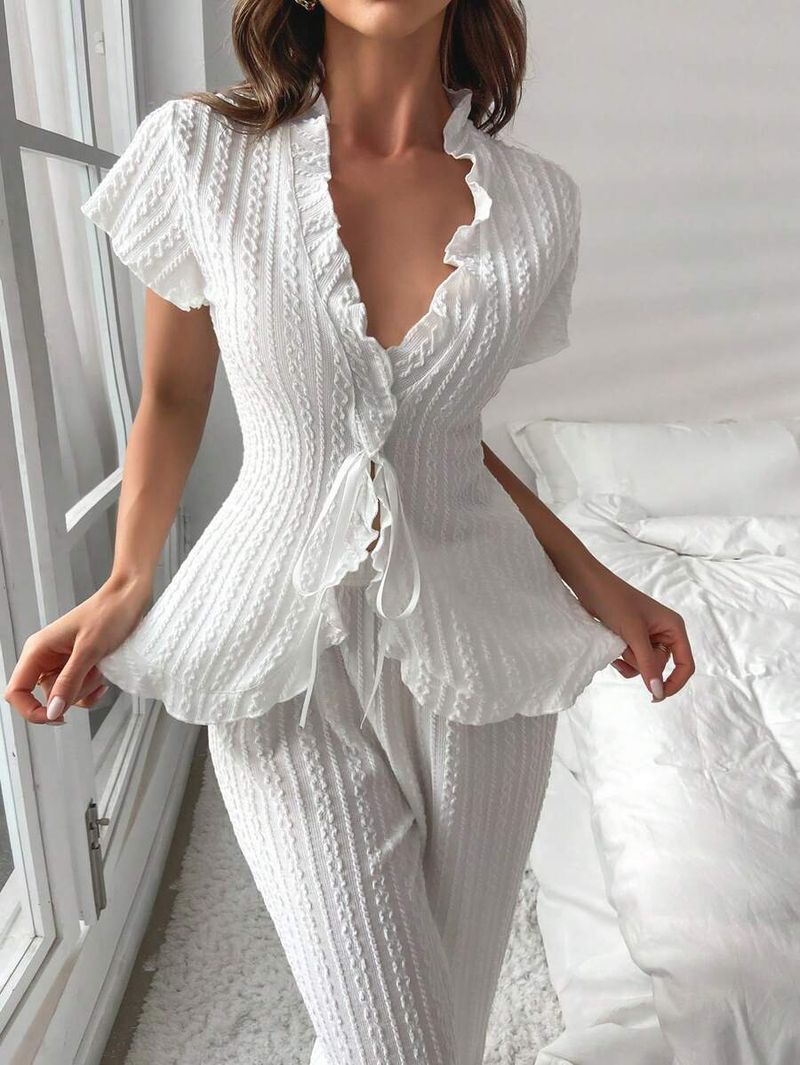 Hot-selling Women's Pajamas With Tie Short Sleeve Long Pants Casual Fashion Sexy Homewear Two-piece Set For Women_voghion.com