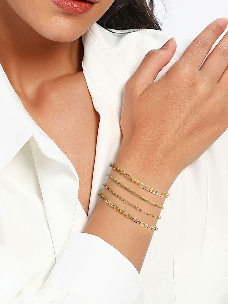 Conjunto de 4 pulseras de eslabones cubanos para mujer, de cobre chapado en oro de 18 quilates, con diseño geométrico, estilo moderno, ideal como regalo de viaje._voghion.com