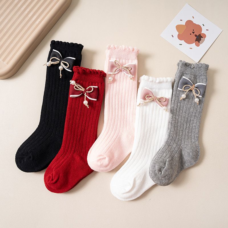 Mother & Kids Stacked Socks Solid Color Double Needle Calf Socks Girls Baby Autumn and Winter Vertical Striped Bowknot Middle Tube Socks Wholesale_voghion.com