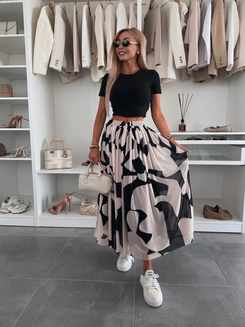 2025 New INS Style Mesh Print Waist-Cinching Flared Casual Midi Skirt_voghion.com