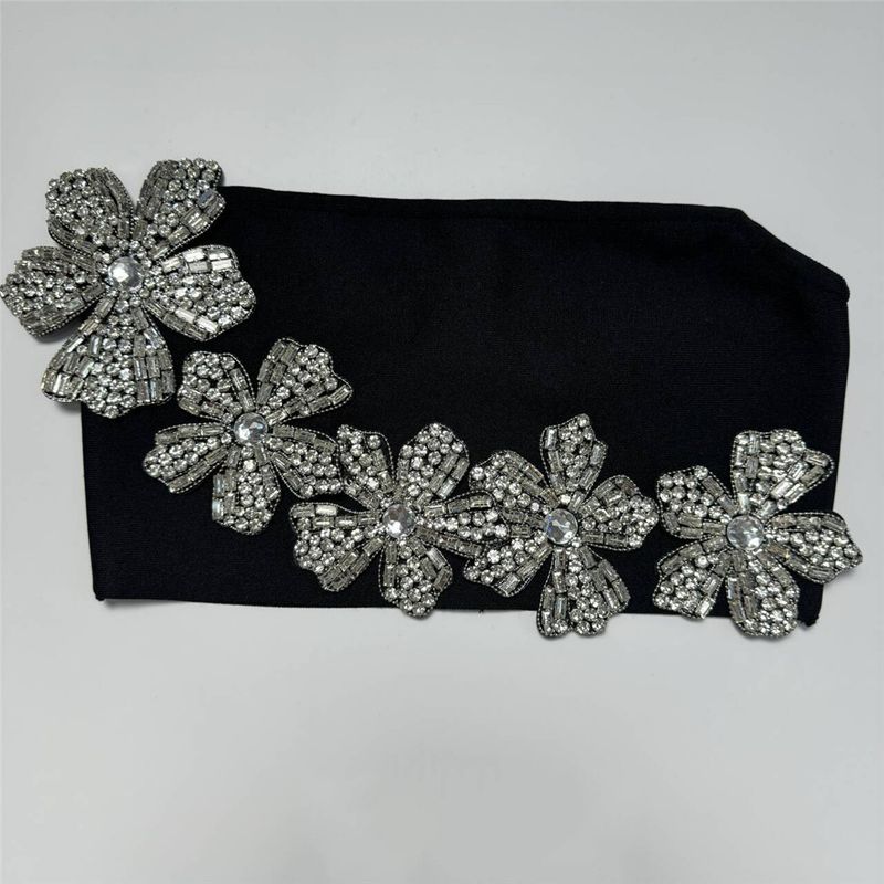 Zweiteiliges Set mit floralem Strass – trägerloses Bandage-Kleid und Korsett-Top für glamourösen Abend (S-L, Schwarz/Rot)_voghion.com