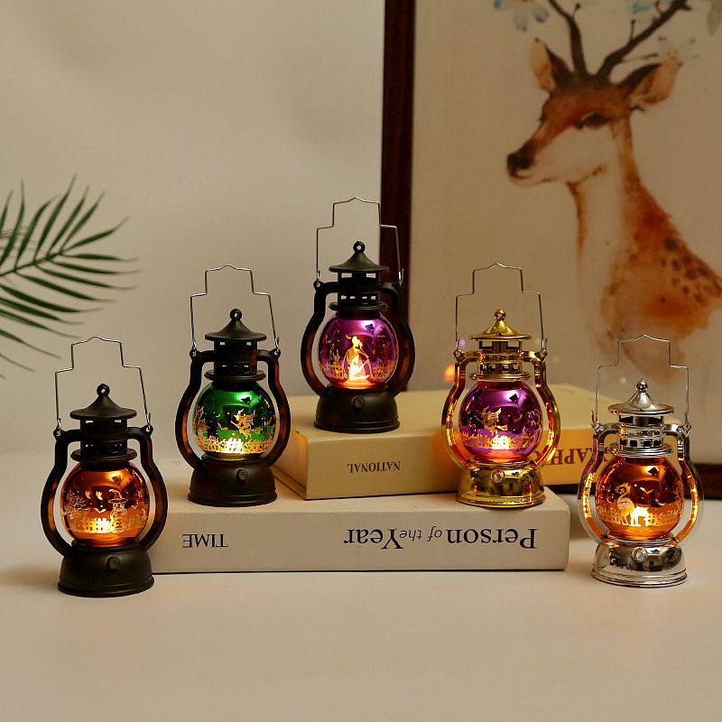 Vintage Halloween Laser Pumpkin Lantern - Witch, Skull & Pumpkin Design, Decorative LED Oil Lamp For Party, Bar & Home Decor_voghion.com