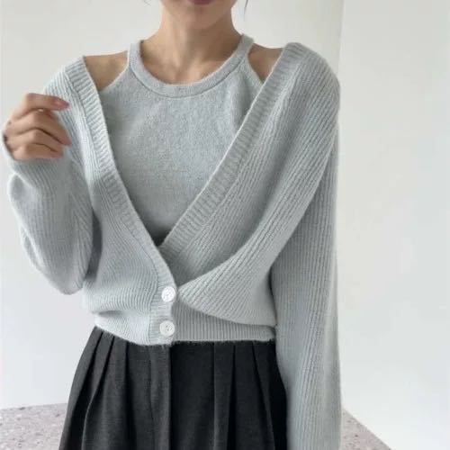 Lazy Knit Cardigan Set Damen Zweiteiliger V-Ausschnitt Langarm Pullover mit offener Vorderseite und Trägerweste_voghion.com