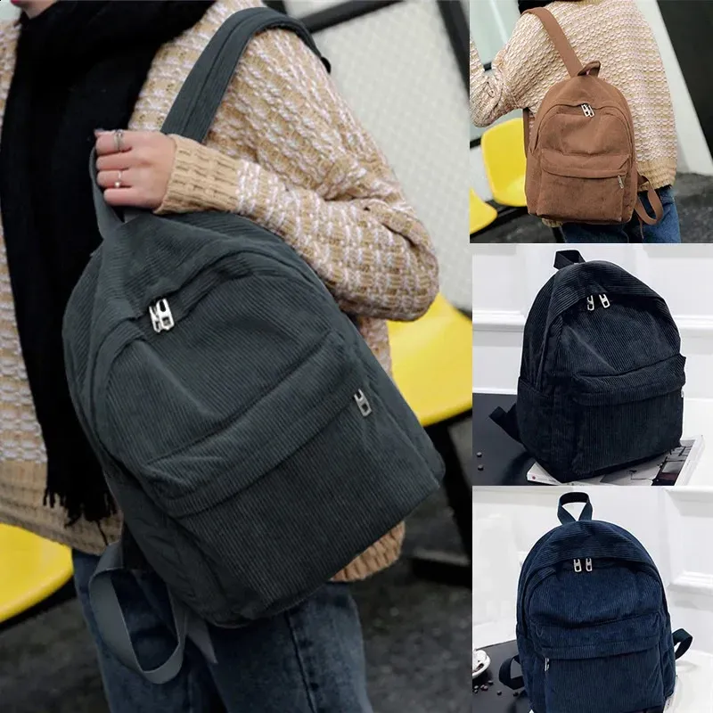 Zaino alla moda da donna in velluto a coste, tinta unita, per la scuola, per giovani, da viaggio, borsa a tracolla 250408l_voghion.com