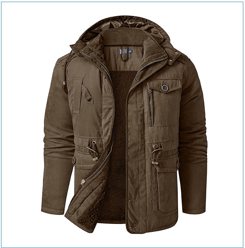 Men's Plus Size Shearling Hooded Cotton Jacket Thickened Multi-Pocket Cotton Top Casual Mid-Length Coat_voghion.com
