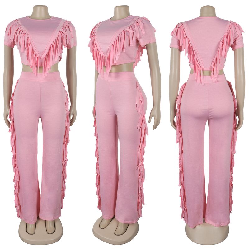 Vêtements pour femmes, ensemble deux pièces confortable et décontracté à pompons élastiques_voghion.com