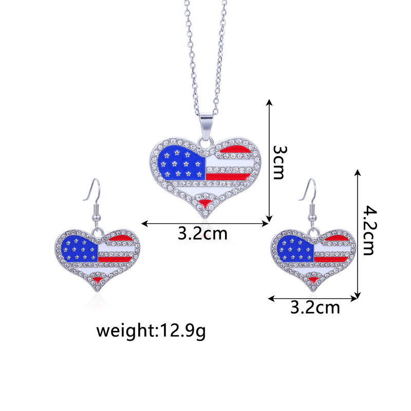 New Independence Day Alloy Diamond with American Map Flag Stripe Earrings Necklace Set_voghion.com