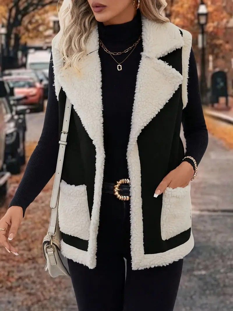 Vêtements pour femmes : gilet polaire d'hiver sans manches, veste surdimensionnée doublée de daim avec poches, pièce décontractée à superposer (noir/kaki foncé)_voghion.com