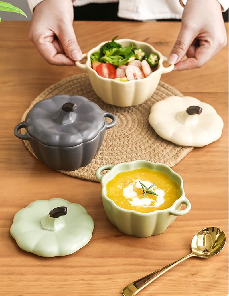 250ml Kürbis Form Keramik Mit Deckel Salat Müsli Schüssel Glasur Suppe Brei Bakew Ofen Party Backform Küche_voghion.com