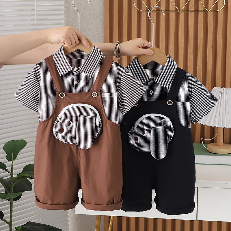 Sommer 2024 Kinder kariertes Hemd, Welpengurt, kurzärmeliges Sommeroutfit, 2-5 Jahre altes zweiteiliges Set für Jungen_voghion.com