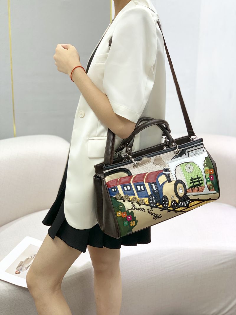 Damentaschen Nähte Kontrastierende Retro-Handtaschen Modische handgemachte kreative Schulter-Umhängetaschen_voghion.com