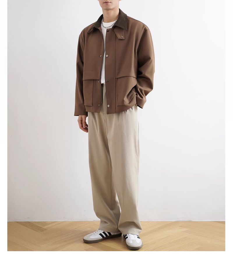 Bruine werkkleding corduroy patchwork kraag raglanmouwen heren korte jas_voghion.com