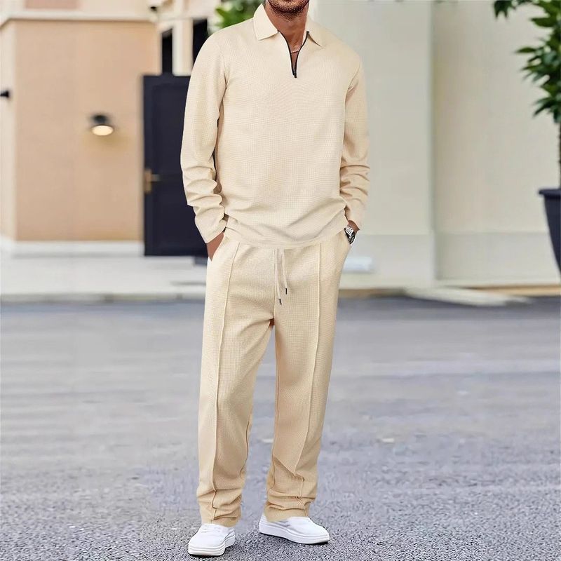 Men's Waffle Knit Half-Zip Polo Shirt & Long Pants Casual Set - Lightweight Comfort, Breathable Fabric, Stylish Autumn Outfit_voghion.com
