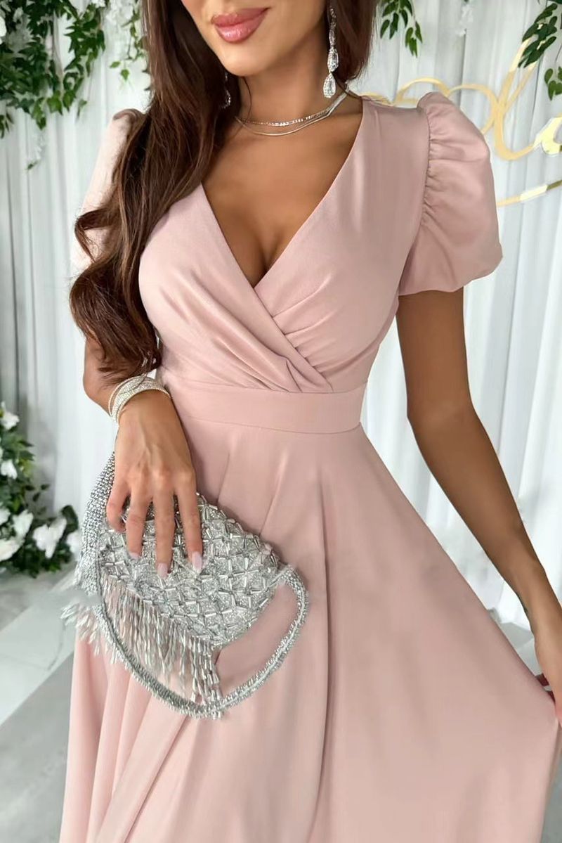 Rochie de damă nouă pentru navetiști, culoare solidă, cu decolteu în V, talie înaltă, mâneci bufante, lungă și scurtă, model leagăn_voghion.com