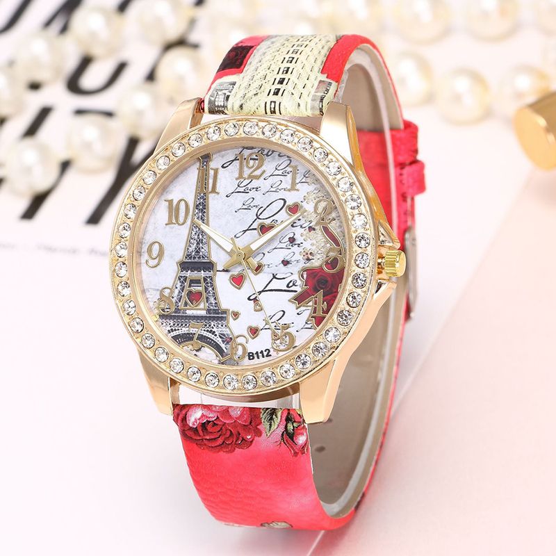 Yamaler Kvinder Eiffeltårnet Rhinestone Læderrem Rund Urskive Analog Quartz Watch_voghion.com