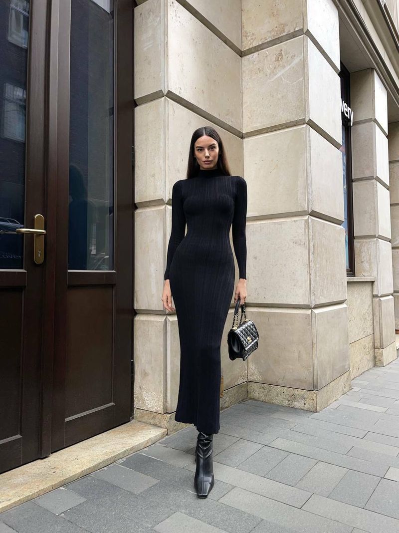Women Elegant Long Sleeve Knitted Maxi Dress High Neck Bottoming Striped Sweater Slim Long Dress Bodycon Party Club Streetwear_voghion.com