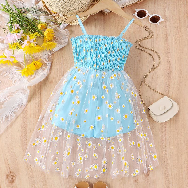 Summer medium-sized childre's fresh suspeder wrap jumpsuit with mesh prit small daisy skirt hem for girls ad_voghion.com