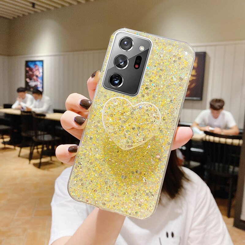 Shiny Glitter Heart Love Phone holder Case For Samsung Galaxy Note 20 Ultra 10 Plus Pro Gold Silver Foil Soft Silicone C_voghion.com
