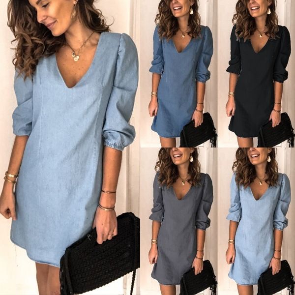 Women's Outnet Solid Color V-neck Short Sleeve Casual Loose Plus Size Plus Size Denim Dress_voghion.com