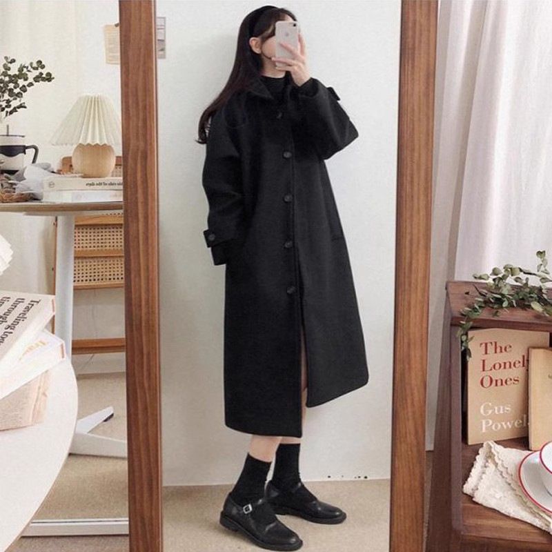 Black Women, Mid-Length, 2024 New Autumn Winter Korean Hepburn Style Wool Coat For Petite Women_voghion.com