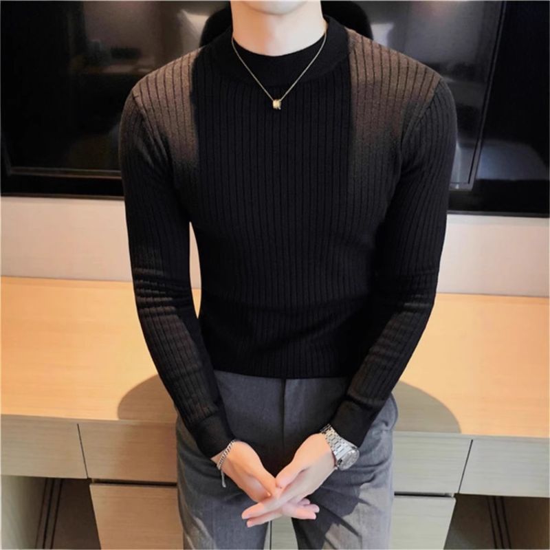 Nuovo maglione semi-alto da uomo, maglione lavorato a maglia a righe elastiche slim fit, maglione a tinta unita con collo medio per autunno e inverno_voghion.com