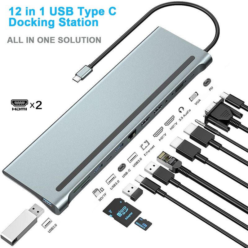 Adattatore hub USB tipo C 12 in 1 per docking station per laptop, MST doppio monitor doppio HDMI VGA RJ45 SD TF PD per MacBook Dell Hp ThinkPad_voghion.com