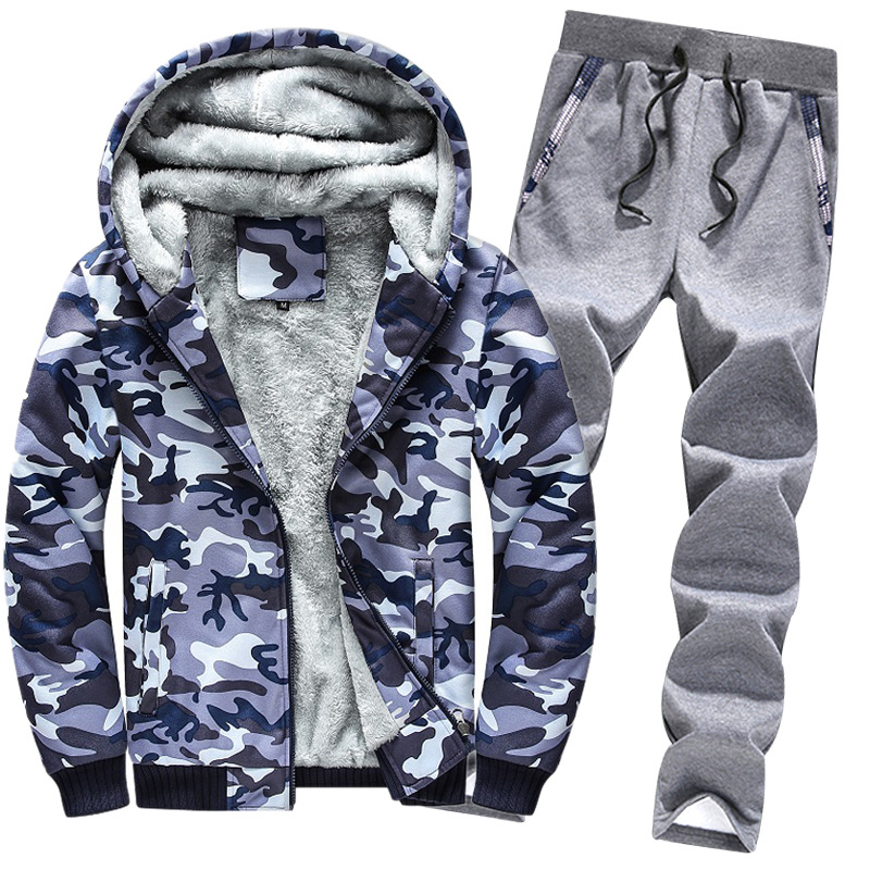 Fleece Men's Tracksuit Hoodie Suit Slim And Thick Warm Camouflage Suit_voghion.com