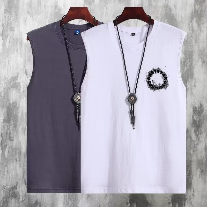 Men's Pure cotton waistcoat vest men's summer letter print trendy brand handsome sleeveless T-shirt hurdle fitness sports sweatshirt_voghion.com