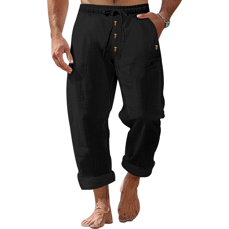 Spring And Autumn American Beach Solid Color Cotton Linen Loose Drawstring Button Casual Pants For Men_voghion.com