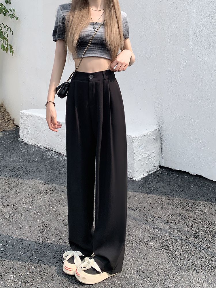 Damenbekleidung Schwarze Anzughose Elastische Taille Schlanke Freizeithose Sommerhose Lockere Hose mit weitem Bein Damenhose mit hoher Taille Drapierte Hose Trendy_voghion.com