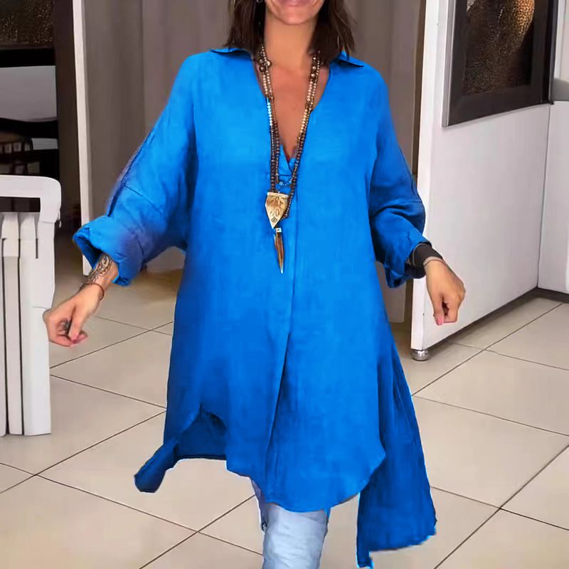 Abito camicia casual da donna in cotone e lino con spacchi larghi_voghion.com